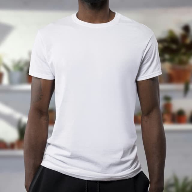 Model wearing a crisp organic linen shirt
